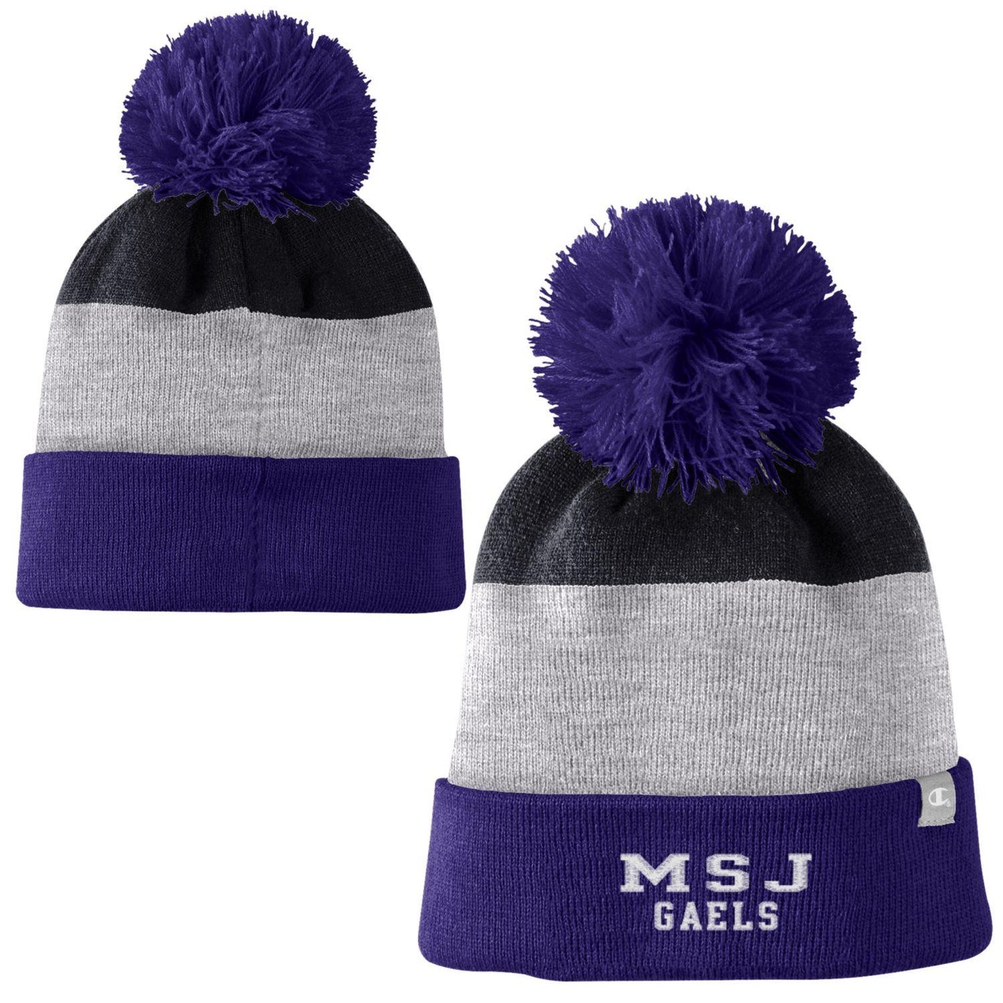 Champion Unisex 3 Color Stripe Beanie with Pom | Oxford Heather/Black/Purple