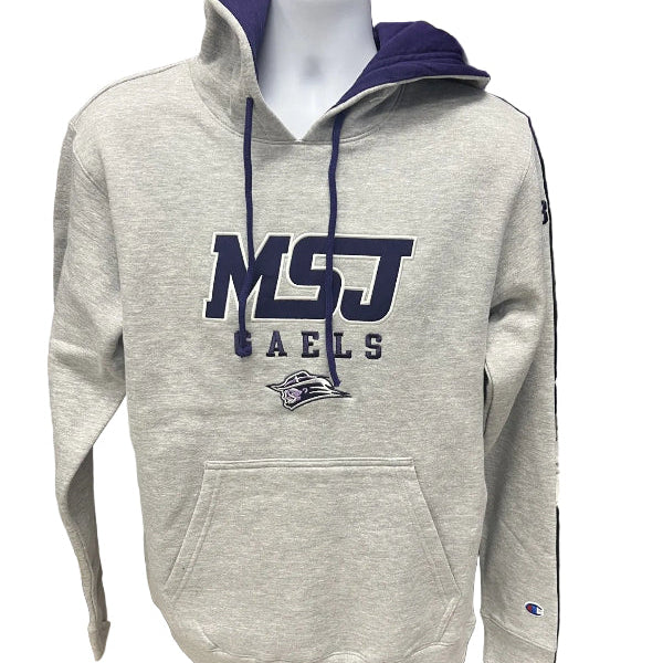 A light heather gray pullover hoodie with a dark purple hood lining and navy blue 'MSJ Gaels' lettering on the front, displayed on a white mannequin torso in a retail or storage room setting.
