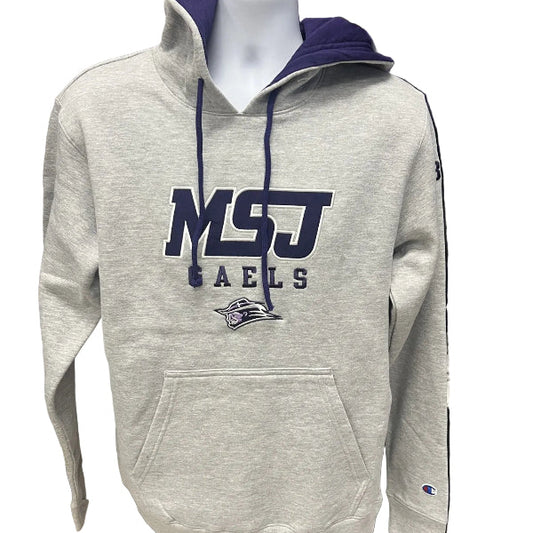 A light heather gray pullover hoodie with a dark purple hood lining and navy blue 'MSJ Gaels' lettering on the front, displayed on a white mannequin torso in a retail or storage room setting.