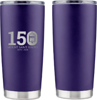 Two views of a purple insulated tumbler with a clear lid, showing a silver engraved design that reads '150 MOUNT SAINT JOSEPH 1876-2026' on the left view.